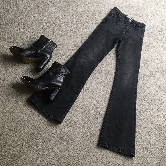 Zara Denim - ZARA/BLACK-STONE WASH DISTRESSED WHISKERED FLARED JEANS